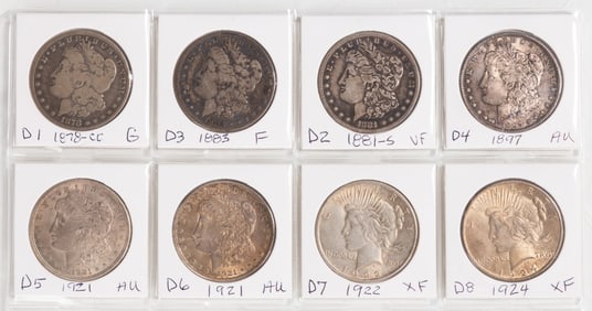 Eight Morgan & Liberty Silver Dollars