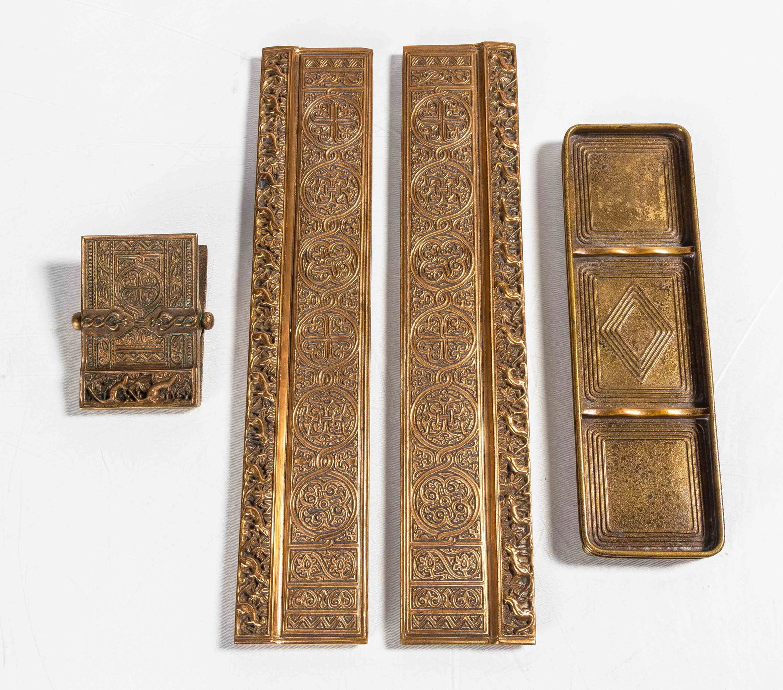 Tiffany Studios Venetian & Graduate Pattern Desk Accessories: Tiffany Studios Venetian & Graduate Pattern Desk Accessories Early 20th century. Patinaed bronze. Max L. 12 1/4 in. Shipping Note: We provide our own in-house shipping service; separate from LiveAucti