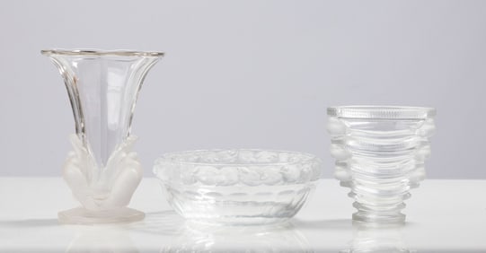 Lalique 'Saint-Marc' Vase & 'Mesanges' Bowl with Libochovice Turtle Dove Vase