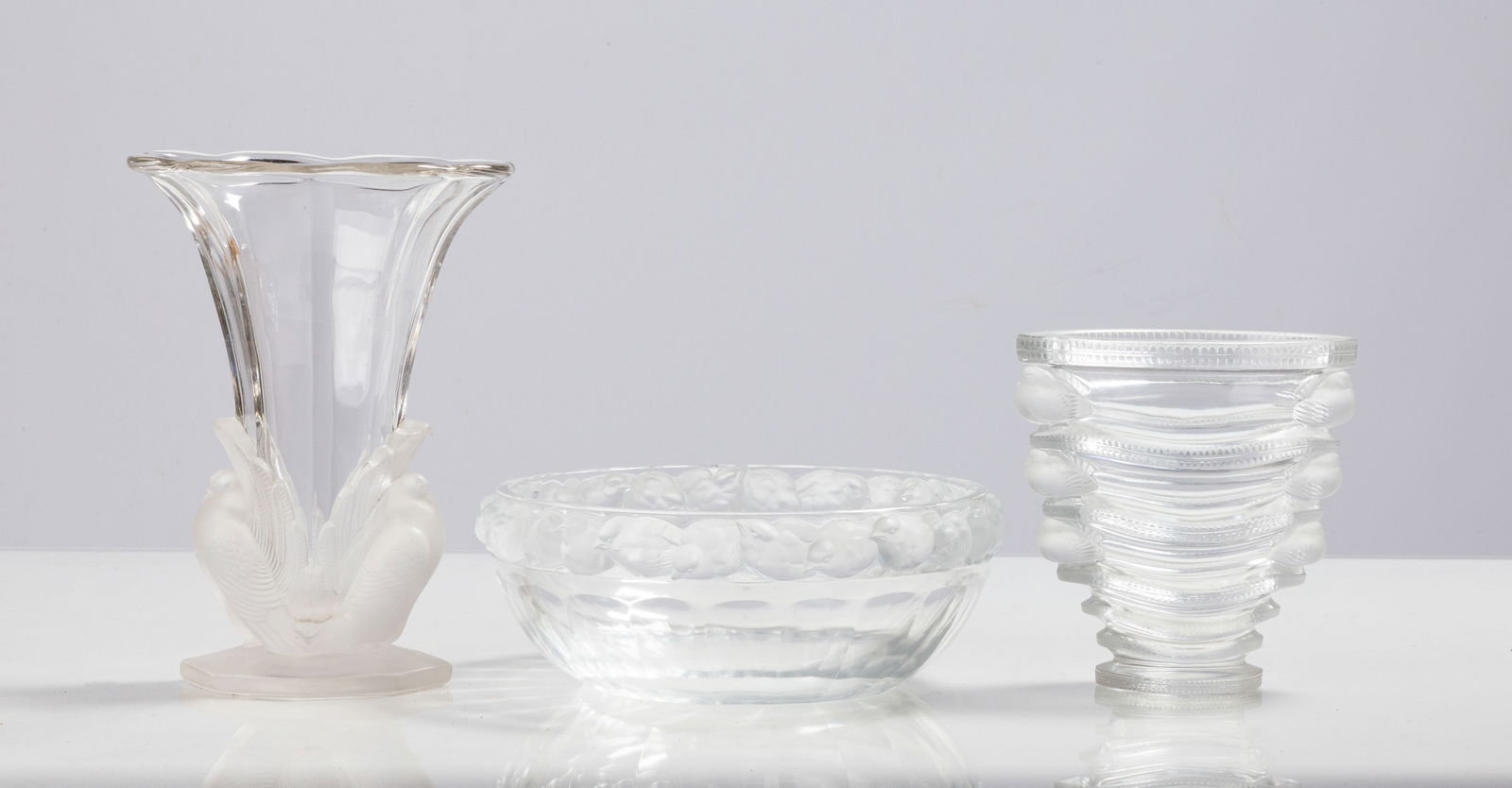 Lalique 'Saint-Marc' Vase & 'Mesanges' Bowl with Libochovice Turtle Dove Vase (1 of 3)