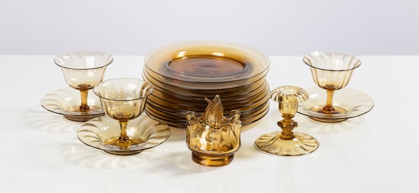 Steuben Amber Sherbets, Nine Plates, Candlestick, & Flower Frog