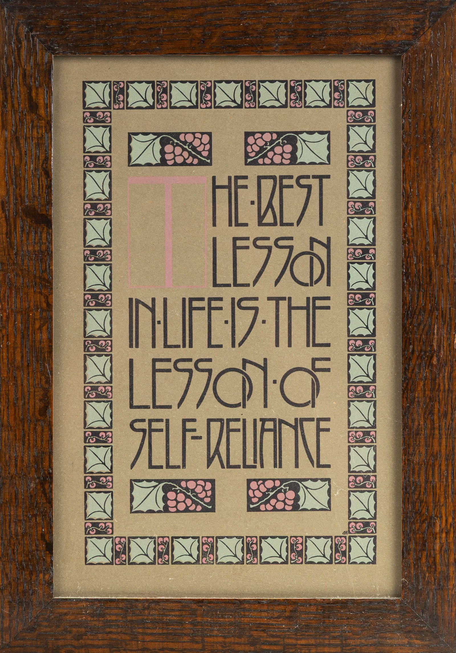 Roycroft Motto in Roycroft Frame "The Best Lesson in Life is the Lesson of Self-Reliance": Roycroft Motto in Roycroft Frame "The Best Lesson in Life is the Lesson of Self-Reliance" East Aurora, circa 1910. Roycroft motto. Quarter-sawn oak frame. Frame interior: 13 1/4 x 8 1/2 in. Framed: 16