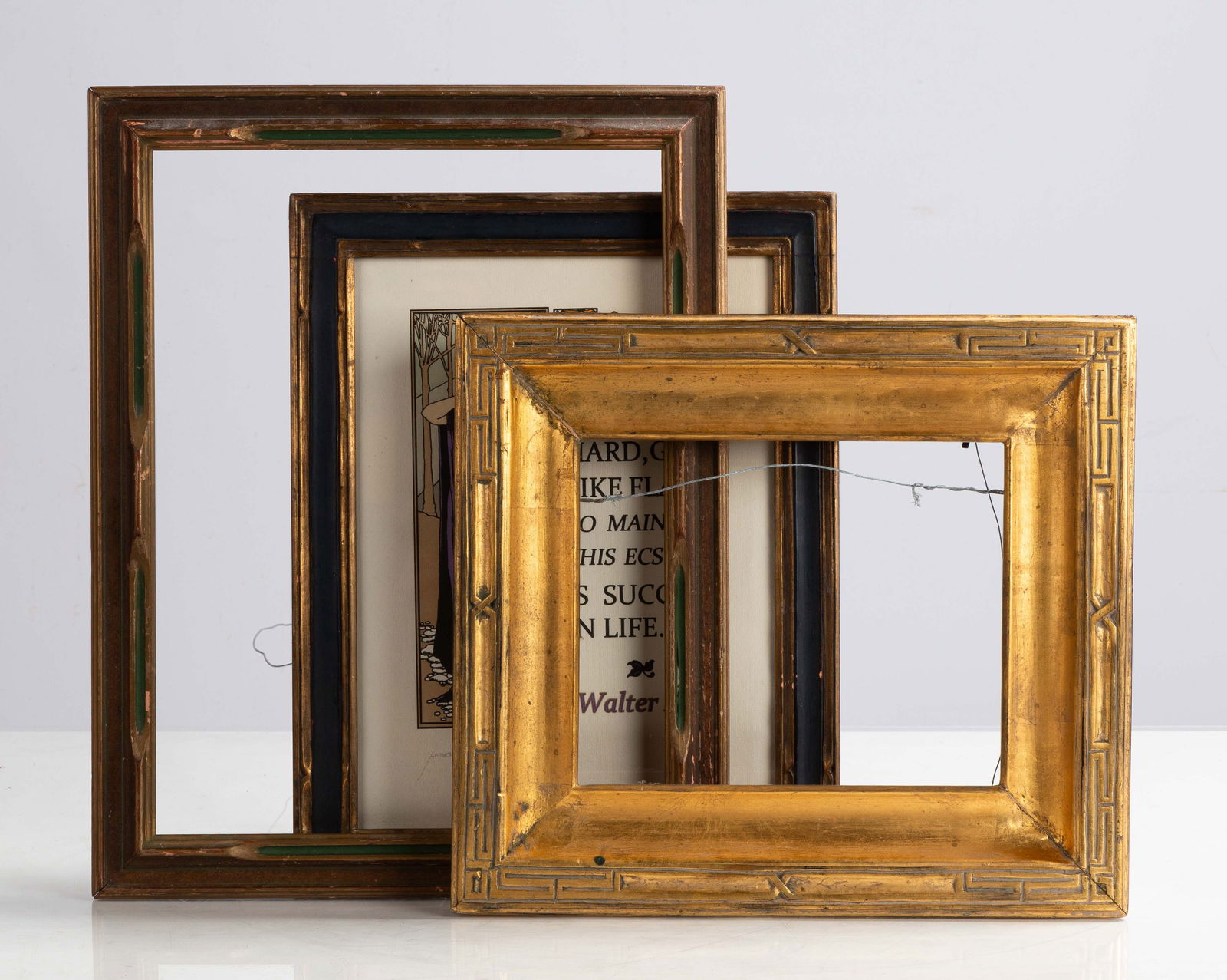 Three Arts & Crafts Picture Frames: Three Arts & Crafts Picture Frames Circa 1910. Carved, gilded, and painted wood. Giltwood frame is contemporary in an arts and crafts style. Max L. 18 1/2 in. The collection of Fred and Jane Gram, Cub