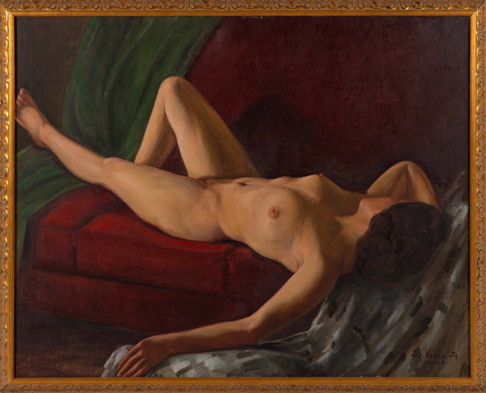 Joseph Varga (Hungarian/American, b. 1876) Reclining Nude: Joseph Varga (Hungarian/American, b. 1876) Reclining Nude Circa 1937. Oil on canvas. Signed (lower right). 32 x 40 in. Shipping Note: This item does NOT qualify for LiveAuctioneers shipping. Pick-up o