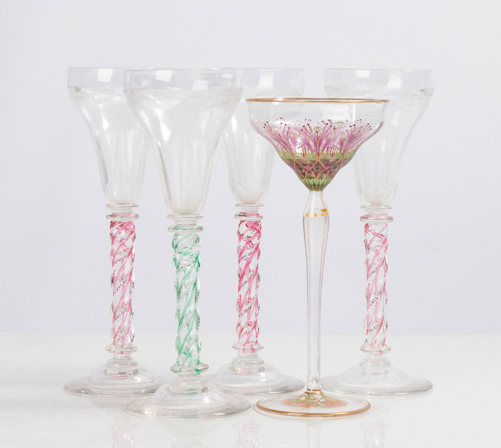 Cut Glass & Hand-Painted Stemware: Cut Glass & Hand-Painted Stemware 19th century. Ht. 9 3/4 in. Shipping Note: We provide our own in-house shipping service; separate from LiveAuctioneers. Please reach out to us directly with any inqui