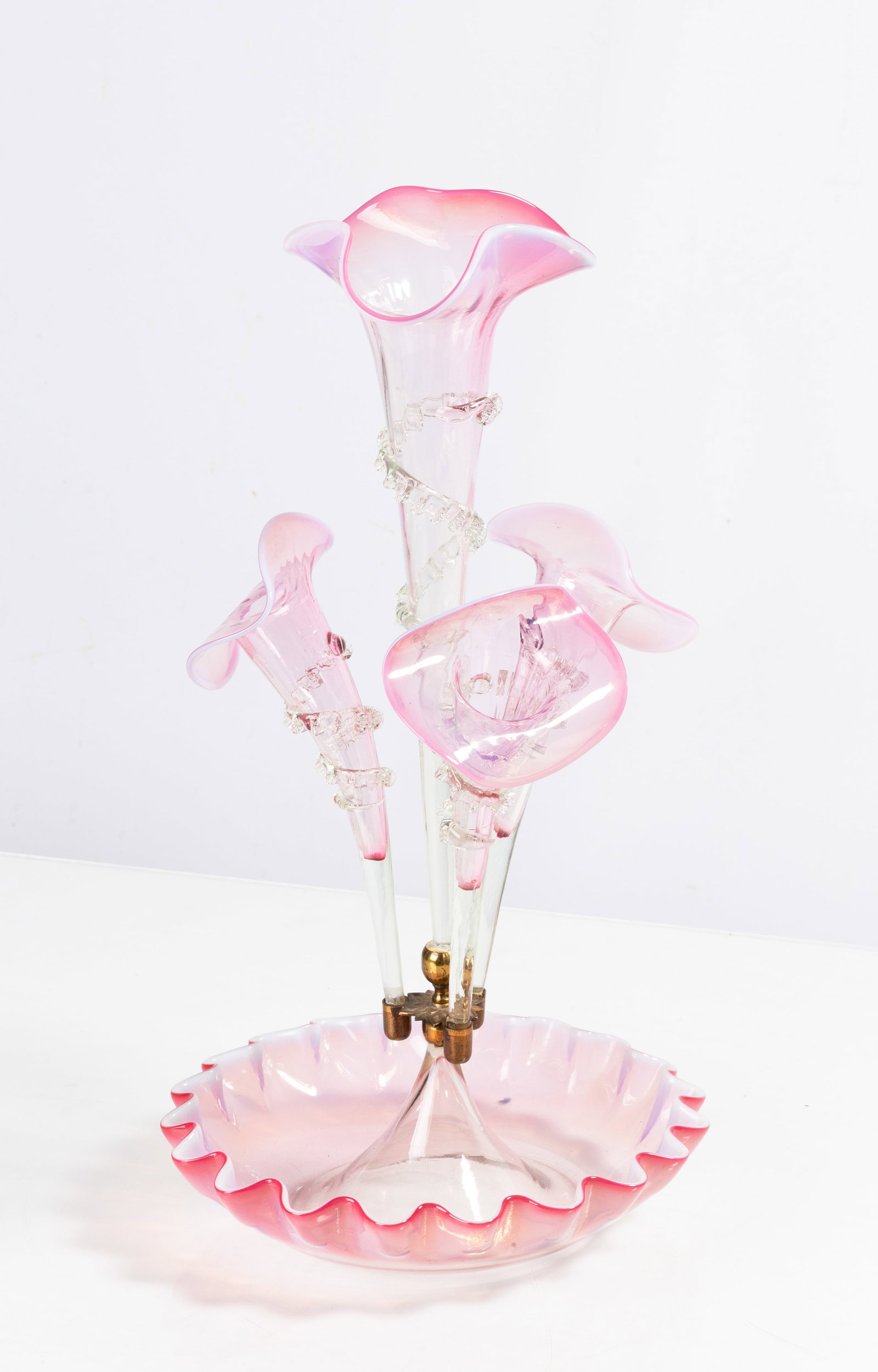 Cranberry Opalescent Epergne: Cranberry Opalescent Epergne 19th century. Ht. 19 1/2 in. Shipping Note: We provide our own in-house shipping service; separate from LiveAuctioneers. Please reach out to us directly with any inquiries