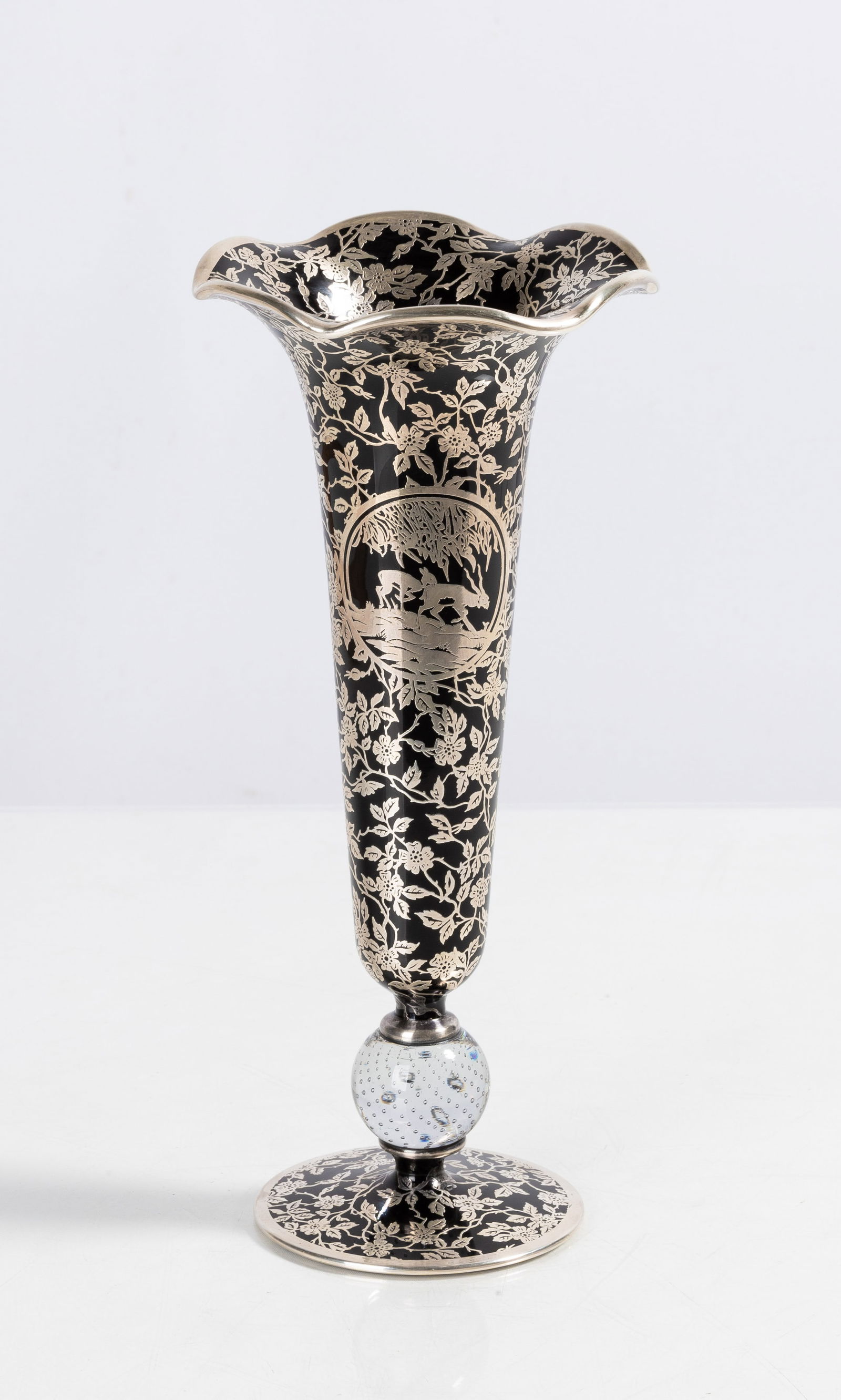 Rockwell Sterling Silver Overlay Pairpoint Black Glass Vase: Rockwell Sterling Silver Overlay Pairpoint Black Glass Vase Rockwell Silver Company, early 20th century. Sterling silver and blown glass. Ht. 12 in. Shipping Note: We provide our own in-house shipping
