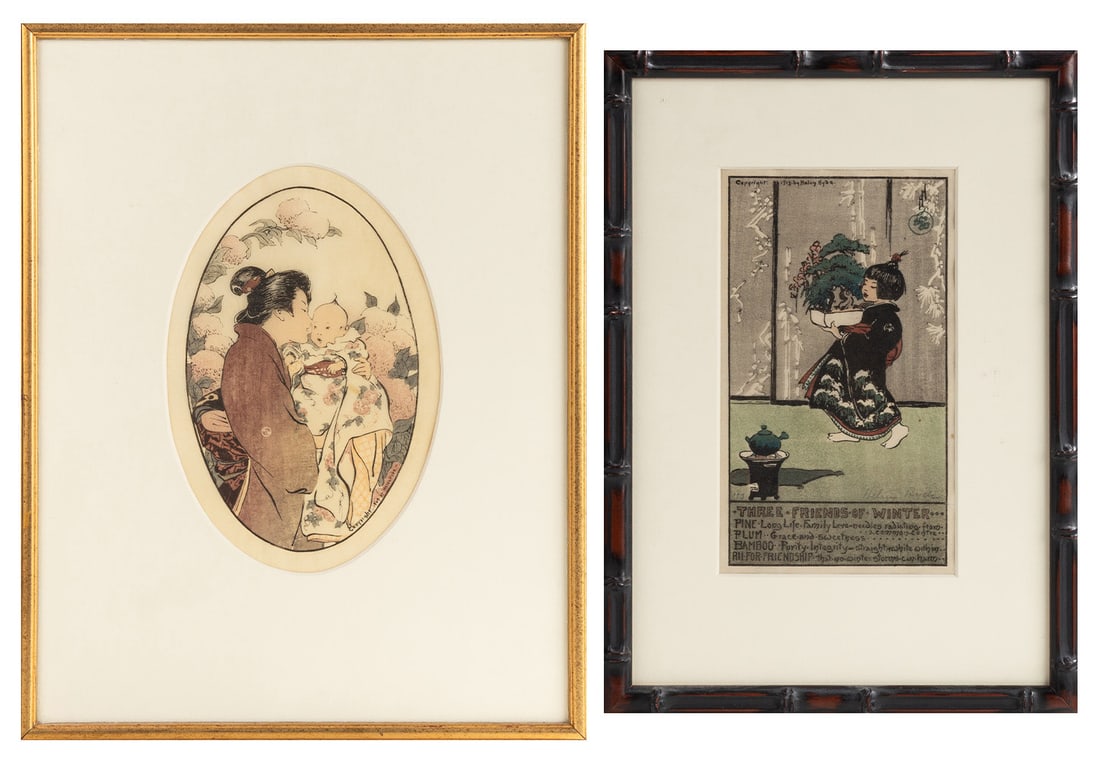 Two Helen Hyde (American, 1868-1919) Works: Two Helen Hyde (American, 1868-1919) Works "The Secret" - Color woodcut, copyright 1909. Illustrated in "America Printmakers - Helen Hyde," Smithsonian, p. 49. Image: 8 1/2 x 5 in. "Three Friends of W