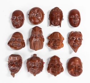 Japanese Miniature Carved Wood Noh Masks