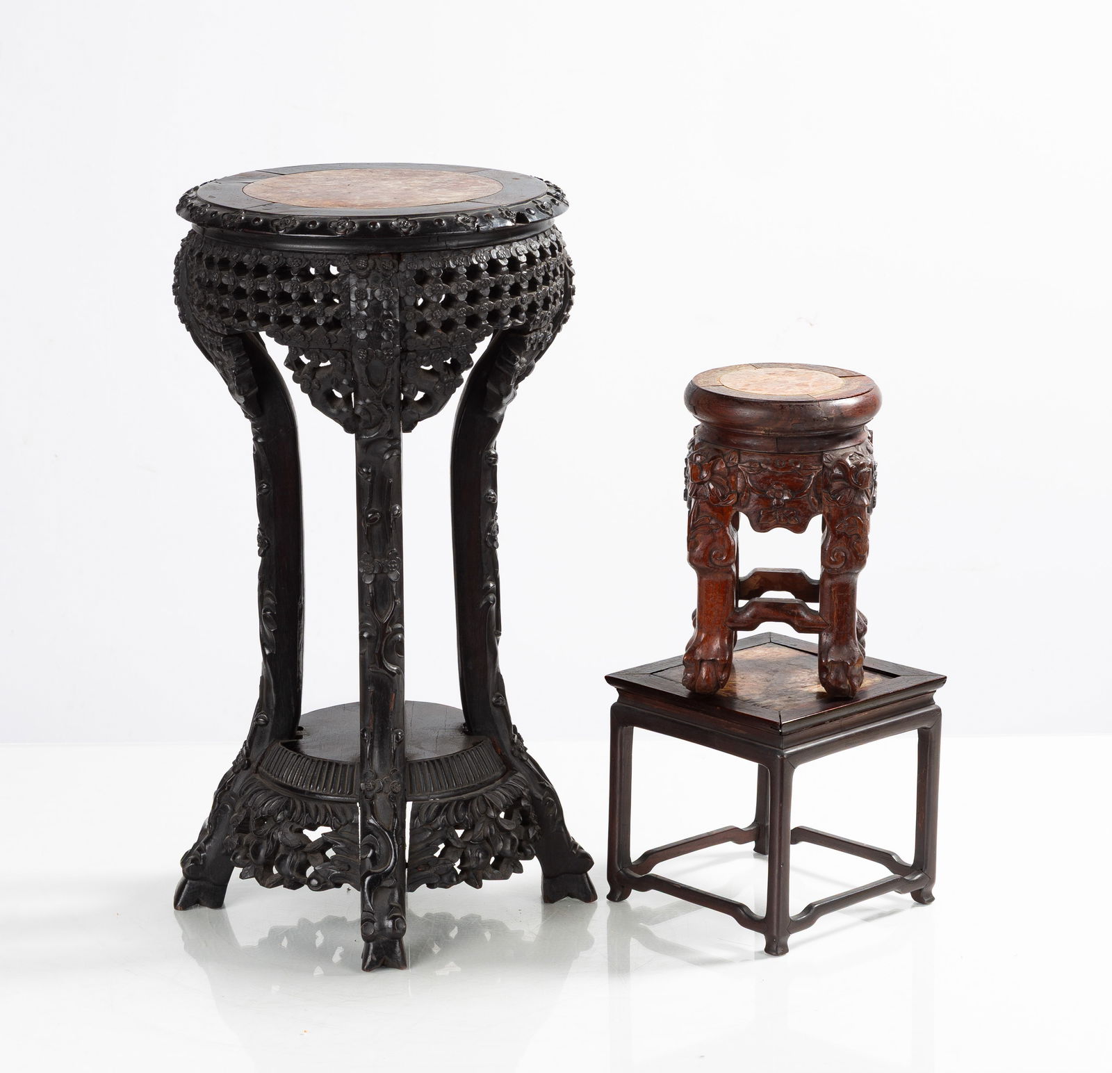 19th Century Chinese Hardwood & Marble Top Stands: 19th Century Chinese Hardwood & Marble Top Stands Max Ht. 20 in. Property of the Strong, sold to benefit the museum's collections fund. Shipping Note: We provide our own in-house shipping service; sep