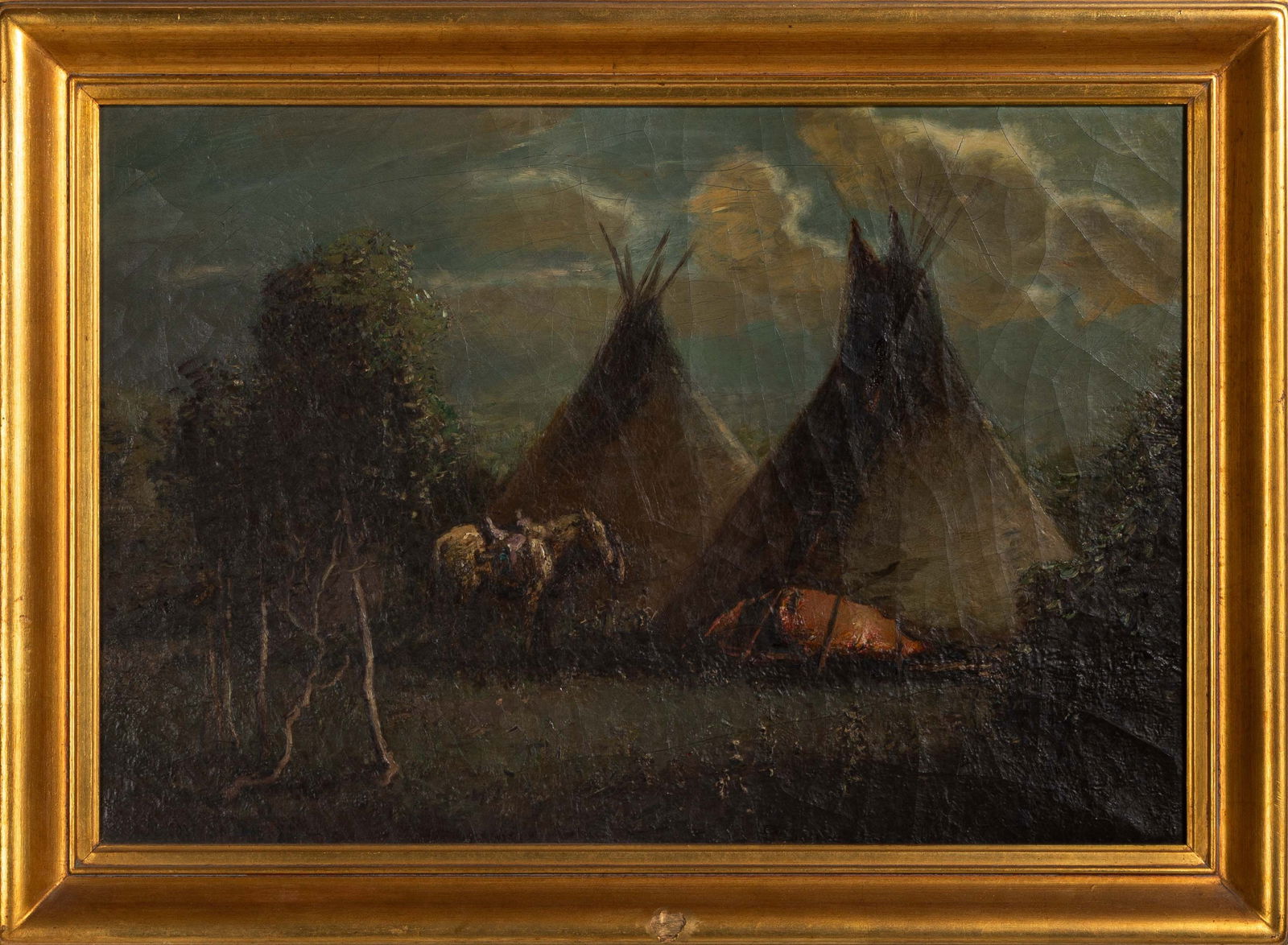 De Cost Smith (1864-1939) Native American Scene with Tepee, Horse, & Open Fire: De Cost Smith (1864-1939) Native American Scene with Tepee, Horse, & Open Fire Oil on canvas. Signed 'De Cost Smith' with cipher (lower left). 18 x 26 in. Shipping Note: We provide our own in-house sh