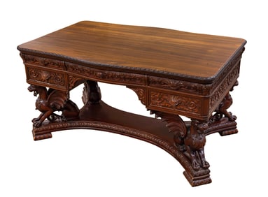 R. J. Horner Carved Mahogany Figural Winged Griffin Partner's Desk