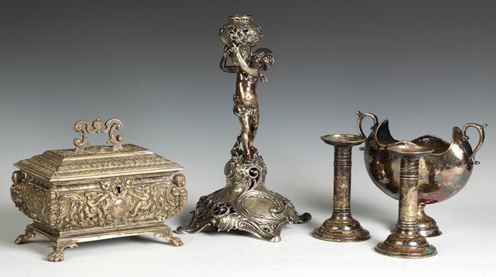 Group of Silver Plate Items: Group of Silver Plate Items. All 19th cent. Jewelry casket, candle holder w/cherub, pair of candlesticks, handled vase. Max. Ht. 12". The Dr. George &Angie Shaheen Collection, Fayetteville, NY.