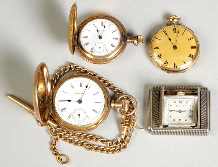 Four Pocket Watches: Four Pocket Watches. Clockwise: Elgin. 18k gold & enameled case, 15 jewels, Patek & Co. movement #2943857. Mathey Tissot sterling. Hampden. Max. W 1 3/4". The Dr. George &Angie Shaheen Collection, Fay