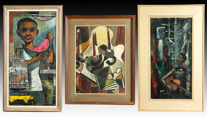 Two Gordon Steele and One J. Haymson Paintings: Two Gordon Steele and One J. Haymson Paintings. Gordon Steele (American, 1903-1980) "Melon Boy", Sgn. on reverse, Gordon Steele. Oil/canvas, original frame & condition, some overall craquelure, 14" x