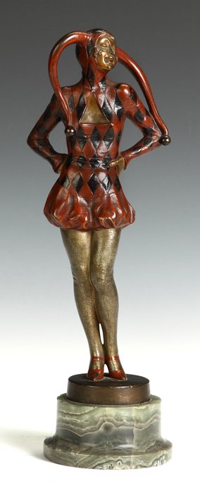 Josef Lorenzl (Austrian, 1892-1950) Bronze Jester: Josef Lorenzl (Austrian, 1892-1950) Bronze Jester. Sgn. Lorenzl. Cold patinated on onyx base. Ht. 13".