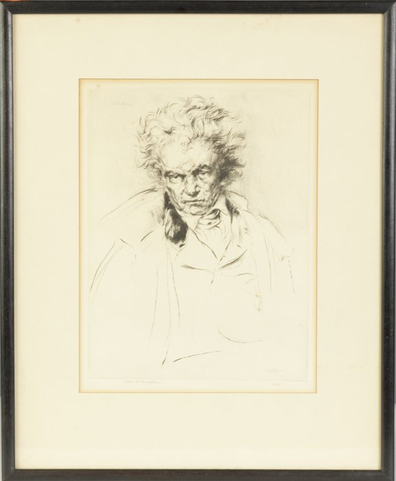 3 Etchings: 3 Etchings. John Taylor Arms, "Beethoven, Nieux Lion Fatigue", Ed. 75, Kennedy Gallery label. John Taylor Arms, "Crystal & Jade", Kennedy Gallery label. Still life of stemware, initialed 'K' in circle