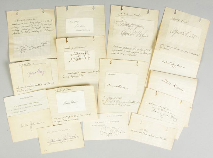 Group of Autographs: Group of Autographs. Zane Grey, Will Rogers, John Philip Sousa, Joe Kirkwood, Francies B. Kellogg, Uncle Joe Cannon, David B. Hill, Charles Evans Hughes, Alfred A. Smith, John G. Sargent, D. Wilbur(?)