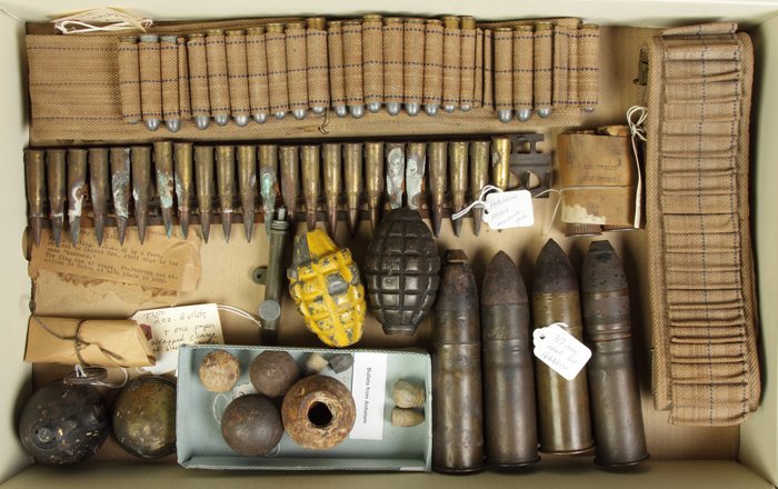 Various Hotchkiss Mortar Shells, Grenades, Ammunition, : Various Hotchkiss Mortar Shells, Grenades, Ammunition, etc.. Together w/3 mortar shells, not pictured. . A Private Collection.