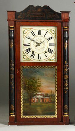 Jerome & Darrow Stenciled Column & Splat: Jerome & Darrow Stenciled Column & Splat. Mahogany case, old finish and stenciling. Original painted wood dial. Top and bottom glasses are old replacements. 30 hour time and strike weight driven wood