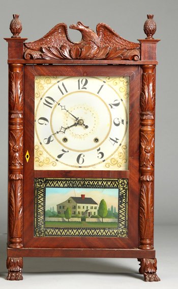 Atkins & Downs for George Mitchell Carved Column & Spla: Atkins & Downs for George Mitchell Carved Column & Splat Shelf Clock. Mahogany case. Original painted wood dial. Old glass, cracked. 30 hour time and strike wood works movement. Ht. 30". A Private Mid