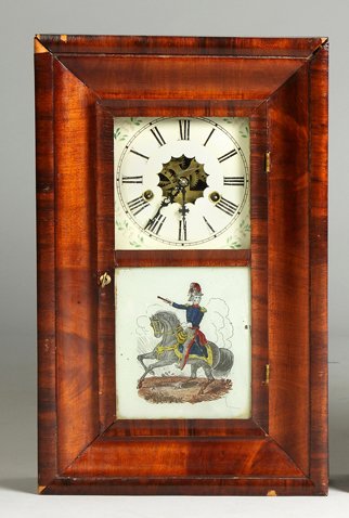 Terhune & Edwards Clock Co. Ogee Shelf Clock: Terhune & Edwards Clock Co. Ogee Shelf Clock. Mahogany case, old finish, some veneer loss. Original painted metal dial. Original historic reverse painted tablet of Winfield Scott on horseback. 30 hour