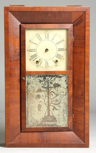 Union Mfg. Co., Bristol, CT, Ogee Shelf Clock: Union Mfg. Co., Bristol, CT, Ogee Shelf Clock. Mahogany case. Original painted wood dial. Original reverse painted tablet. 30 hour time and strike weight driven wood works movement. Ht. 26".