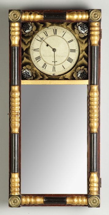 J. Chadwick New England Mirror Clock: J. Chadwick New England Mirror Clock. Old finish & gilding, possibly original. Original mirror & backboard. Original signed and panted iron dial & hands. Top glass, old repaint.8 day time only weight 
