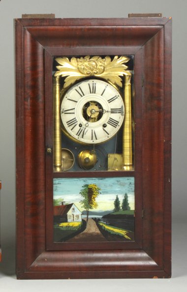 Hills Goodrich & Co. Internal Column Ogee Shelf Clock: Hills Goodrich & Co. Internal Column Ogee Shelf Clock. Mahogany case, original finish & gilding. Original painted metal dial. Reverse painted tablet. 8 day time, strike & alarm weight driven brass mov
