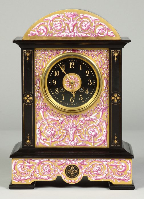 Tiffany & Co. Shelf Clock: Tiffany & Co. Shelf Clock. Marble case with enameled front. Signed porcelain dial. 8 day time & strike brass movement. Ht. 14".