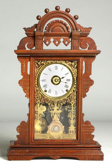 Seth Thomas Ball Top Shelf Clock: Seth Thomas Ball Top Shelf Clock. Walnut case, old refinish. Replaced paper dial. Original glass. 8 day time and strike brass movement with alarm. Original label. Ht. 24".