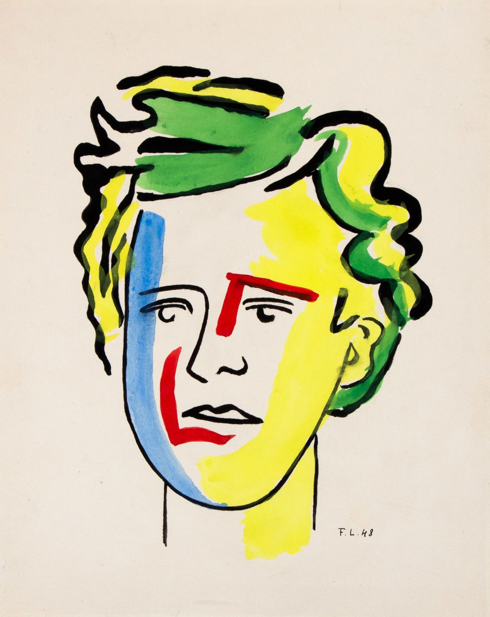 Fernand Leger (French, 1881-1955) "Portrait de Rimbaud": Fernand Leger (French, 1881-1955) "Portrait de Rimbaud" 1948. Indian ink and watercolor. Signed with initials and dated ''48' (lower right). Authenticated by Jacob D. Weintraub. 12 5/8 x 10 in. La Hun