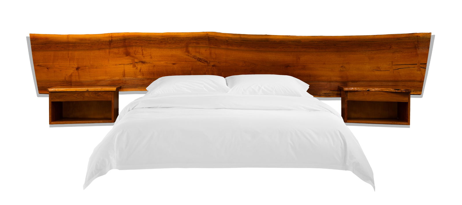 Mira Nakashima (American, b. 1942) King-Size Bed & Nightstands: Mira Nakashima (American, b. 1942) King-Size Bed & Nightstands Headboard is a single solid walnut slab with free-edge and rosewood butterfly with two floating nightstands. Signed and dated to undersid
