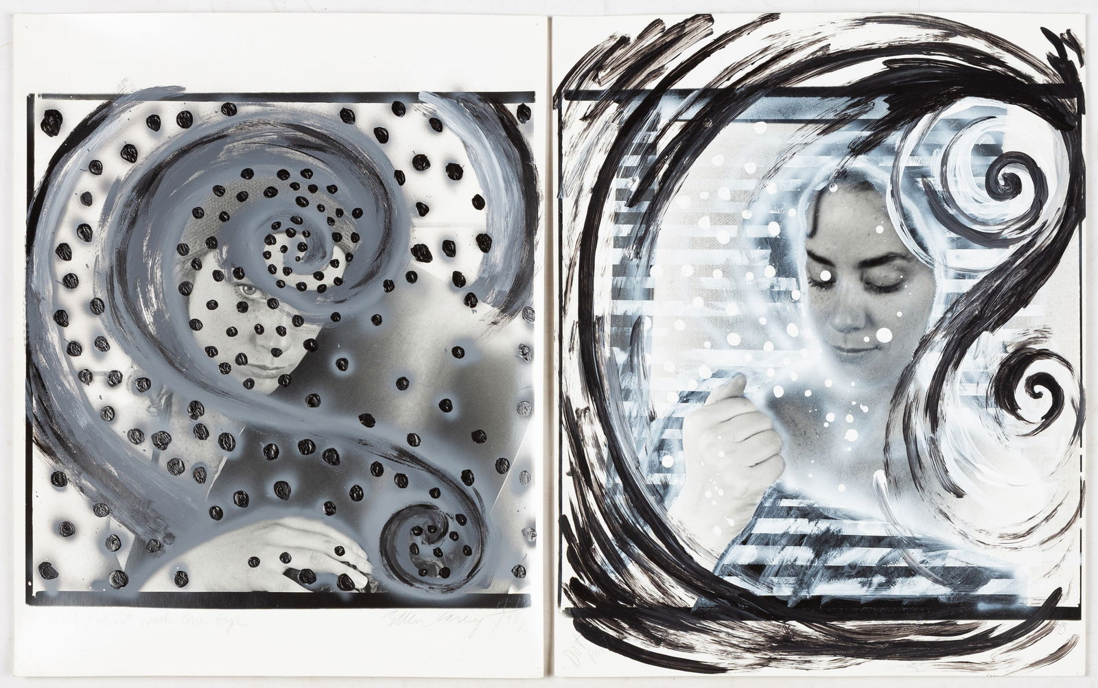 Two Ellen Carey (American, b. 1952) Painted Black & White Self Portrait Series, 1978: Two Ellen Carey (American, b. 1952) Painted Black & White Self Portrait Series, 1978 "Dot Portrait" and "Self Portrait One Eye". Gelatin silver prints with acrylic, oil stick, and ink. 20 x 16 in. (ea