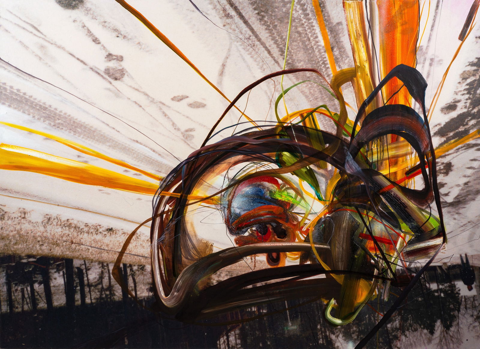 Joshua Dildine (American, b. 1984) "Old Hands Sons Jaw": Joshua Dildine (American, b. 1984) "Old Hands Sons Jaw" 2014. Acrylic, spray paint, and oil on canvas. Signed, titled, and dated (on reverse). 48 1/2 x 66 in. The Charles E. Balbach (1934-2024) collec