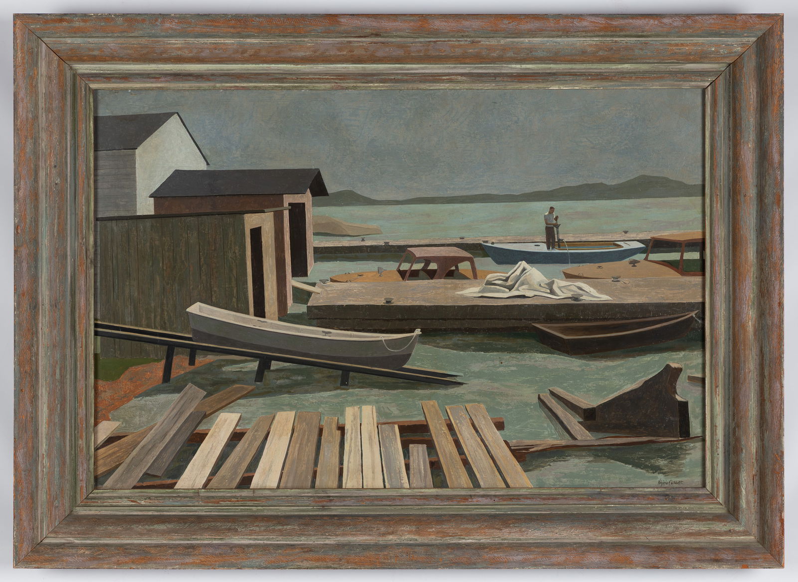 Virginia Cuthbert (American, 1908-2001) Boats at Docks on Shoreline: Virginia Cuthbert (American, 1908-2001) Boats at Docks on Shoreline Oil on masonite. Signed 'Virginia Cuthbert' (lower right). 23 1/2 x 35 in. Framed: 30 1/2 x 42 in. Shipping Note: We provide our