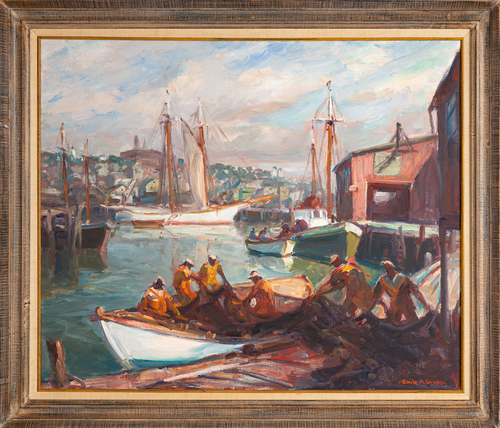 Emile A. Gruppe (American, 1896-1978) "Unloading The Nets": Emile A. Gruppe (American, 1896-1978) "Unloading The Nets" 1977. Oil on canvas. Signed (lower right). 30 x 36 in. Framed: 36 x 43 in. Private collection, Palm Beach, Florida. Shipping Note: This item