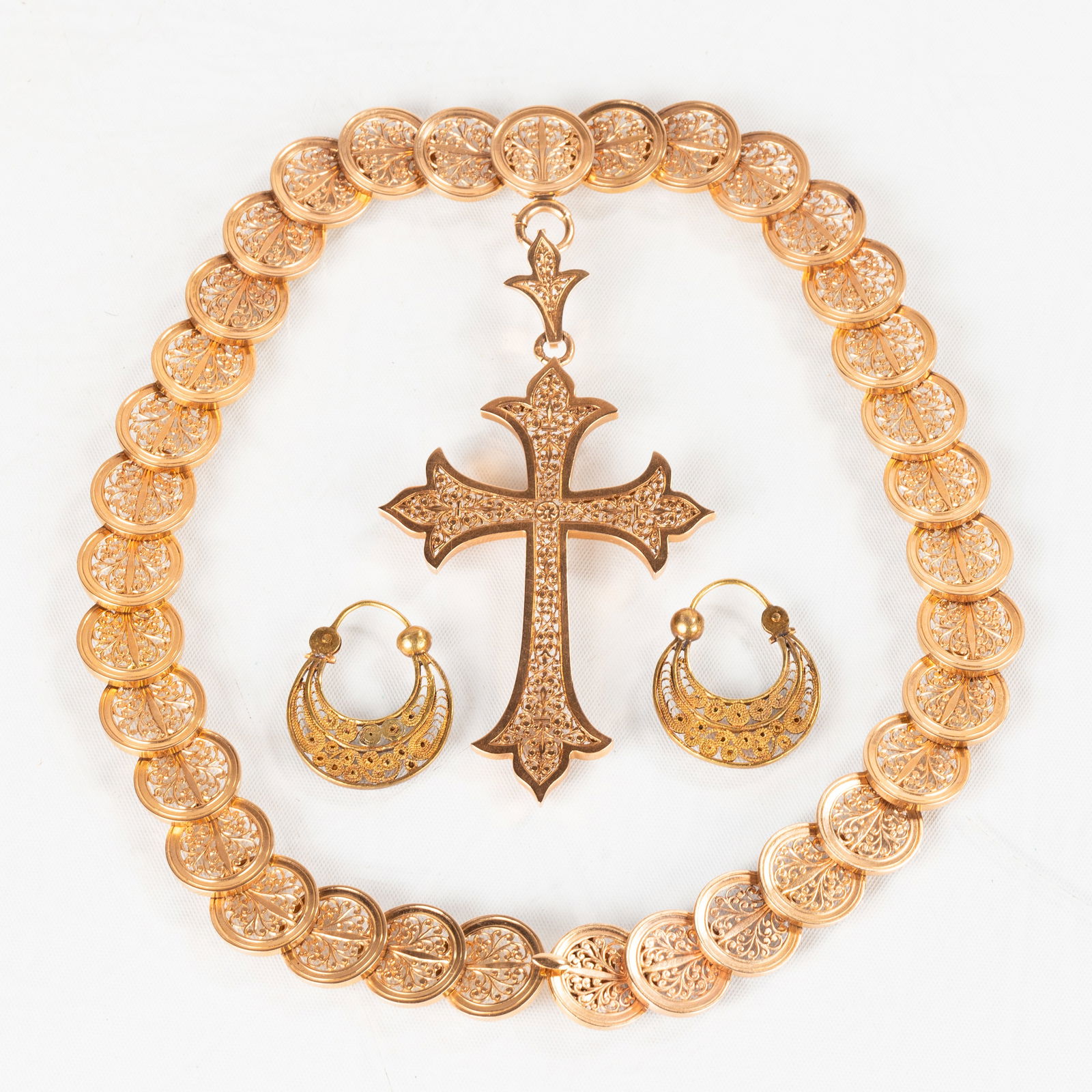 18K Gold French Byzantine Revival Cross Necklace & Earrings: 18K Gold French Byzantine Revival Cross Necklace & Earrings Hippolyte Martel, 4 Place de L'Opera, Paris. French assay marks to clasps. With associated 18K gold filigree earrings. Total weight: 60