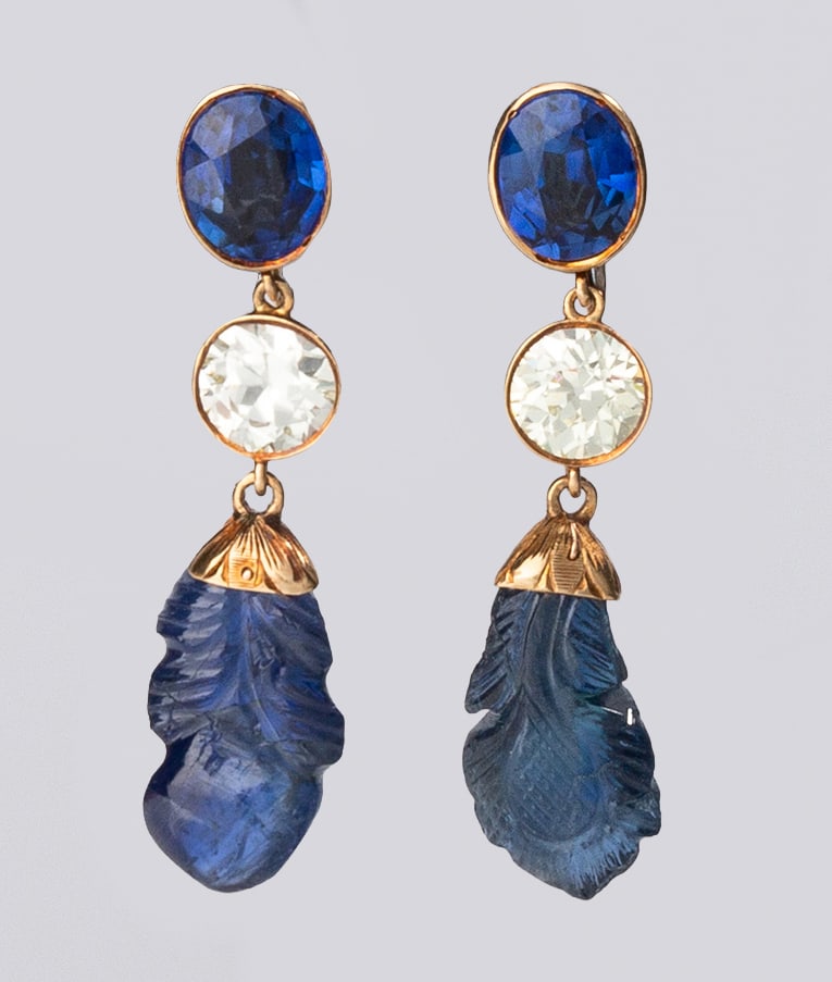 Diamond & Carved Blue Corundum Dangle Earrings (1 of 3)