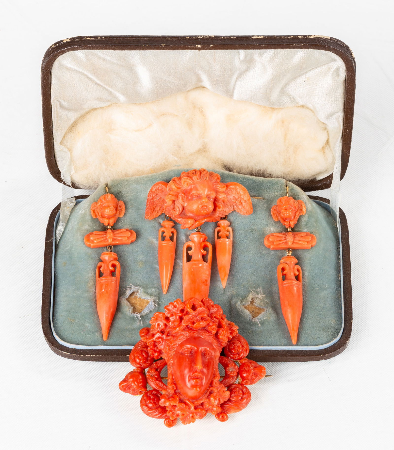 14K Gold & Coral Italian Grand Tour Earrings & Brooches: 14K Gold & Coral Italian Grand Tour Earrings & Brooches 19th century. Gold mounts. Unmarked. Total weight: 56.3 grams. Brooch Max L. 2 3/4 in. W. 2 in. Shipping Note: We provide our own in-house