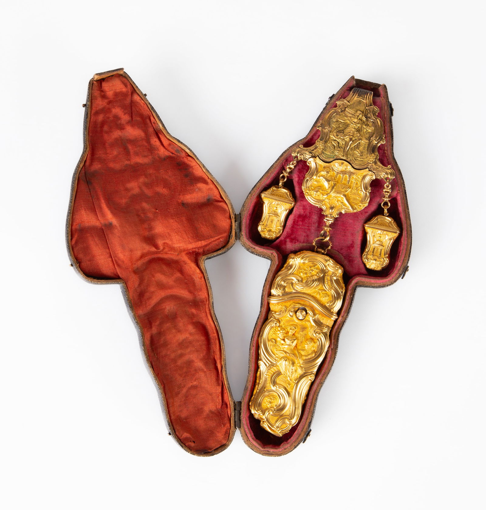 Gold & Gilt Metal Pinchbeck Chatelaine: Gold & Gilt Metal Pinchbeck Chatelaine Probably 18th century. Weight: 152 grams. L. 8 in. Shipping Note: We provide our own in-house shipping service; separate from LiveAuctioneers. Please reach