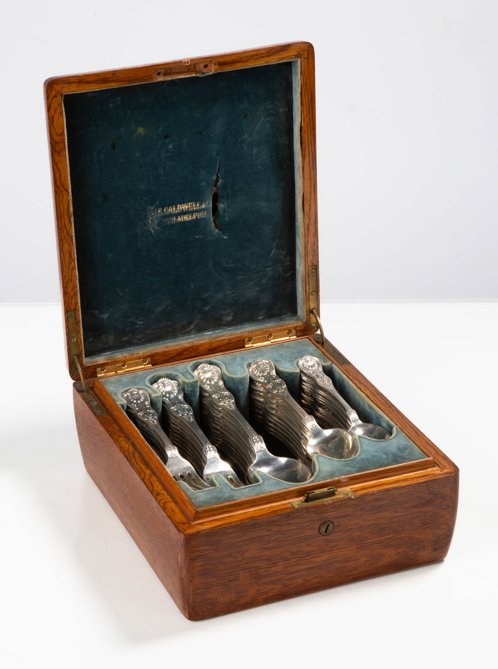 J. E. Caldwell & Co. Sterling Silver King's Pattern Flatware: J. E. Caldwell & Co. Sterling Silver King's Pattern Flatware J. E. Caldwell & Co., Philadelphia, circa 1900. Total weight: 124.5 troy ounces. 60 pieces. 12 each: 7 in fork, 7 3/4 in. fork; 8 1/2 in.