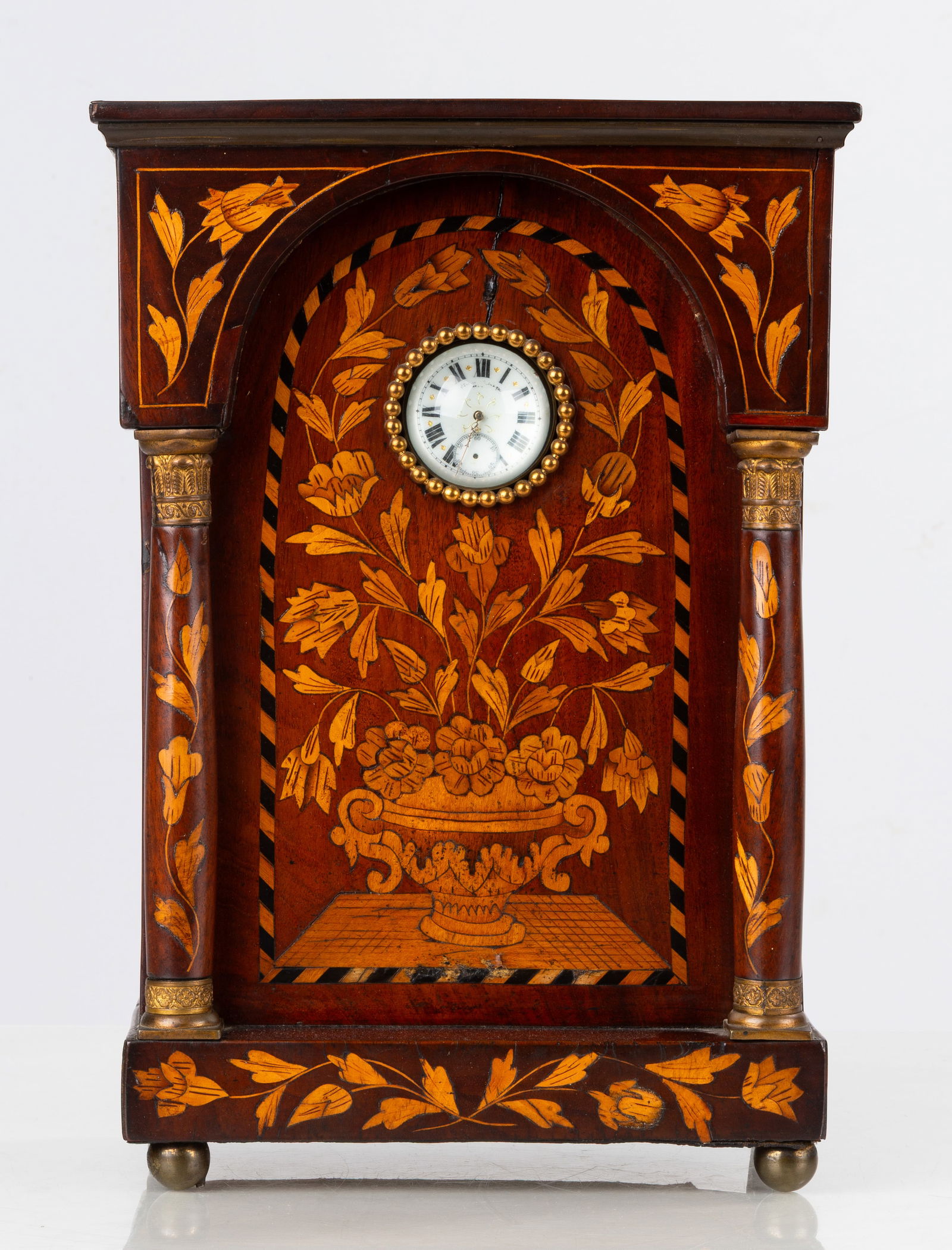 Dutch Marquetry Watch Hutch: Dutch Marquetry Watch Hutch 19th century. Mahogany and satinwood inlay case with flowers and foliage. Nice old patina. Pocket watch parts included but not functioning. Ht. 14 3/4 x 10 1/2 x 6 1 /2