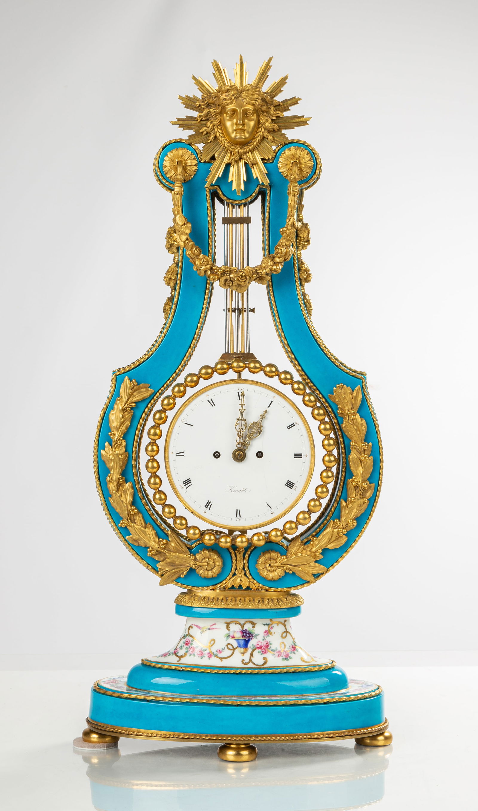 Very Rare Louis XVI Ormolu Mounted Sevres Bleu Celeste Porcelain Lyre Clock: Very Rare Louis XVI Ormolu Mounted Sevres Bleu Celeste Porcelain Lyre Clock Maker: Joseph Dieudonne Kinable. Dialmaker: Richard Symes. George Tupman repair mark. Case: The exceptional lyre-form