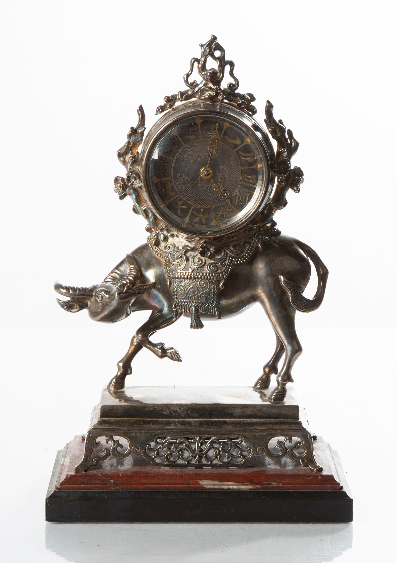 Japanese / Japanism Water Buffalo Mantel Clock: Japanese / Japanism Water Buffalo Mantel Clock Late 19th century. Silvered and gilt bronze with marble base. Ht. 12 1/2 in. A Mid-West Collection. Shipping Note: We provide our own in-house