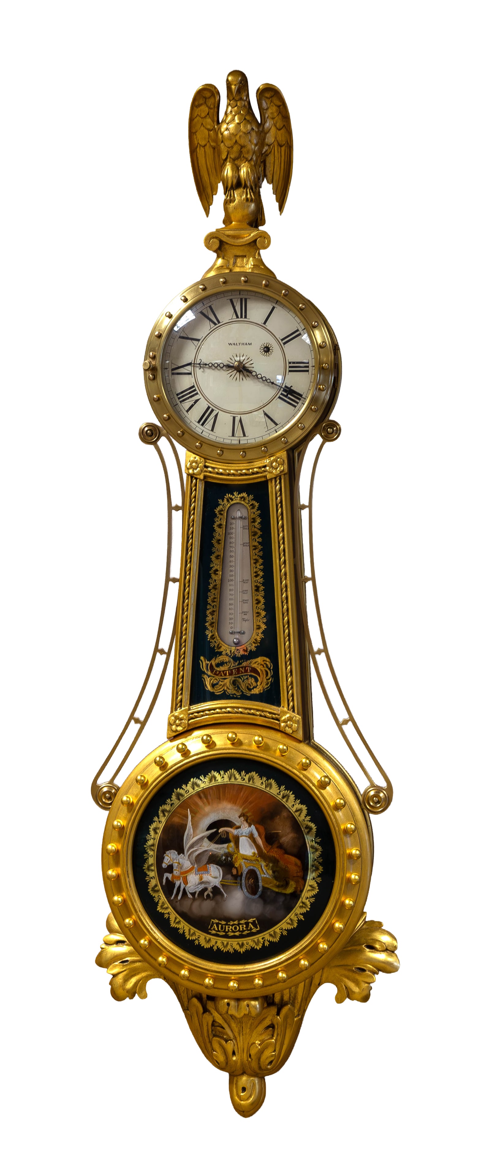 Waltham Girandole Timepiece: Waltham Girandole Timepiece Waltham Watch Company of Waltham, Massachusetts, early 20th century. Carved mahogany and giltwood case. Painted metal dial signed 'Waltham'. Reverse-painted scene that