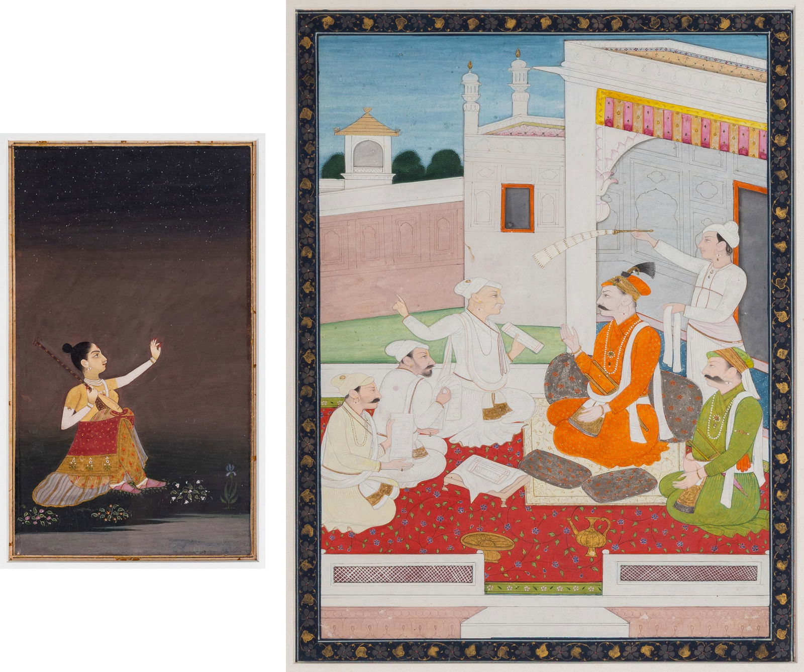 Indian Miniature Paintings: Indian Miniature Paintings Female Performer with Tanpura & Nobleman with Attendants. 18th century. Opaque watercolor on paper heightened with gold. Female performer - Sight: 6 x 3 1/2 in. Nobleman: