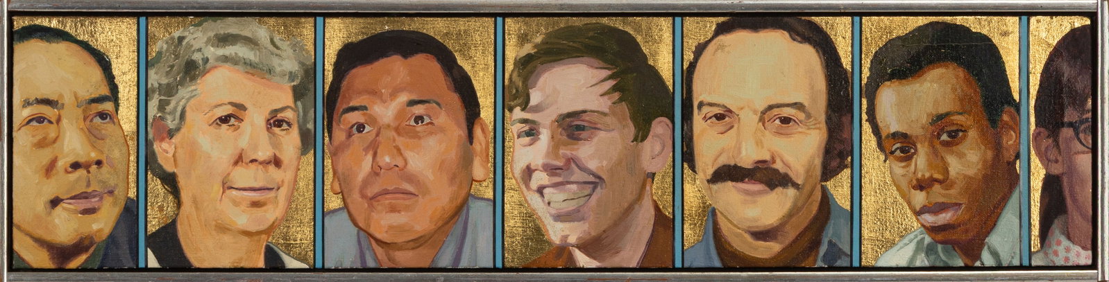 Philip Morsberger (American, 1946-2021) "Faces": Philip Morsberger (American, 1946-2021) "Faces" Circa 1973. Oil on linen. Signed, titled, and dated. 8 x 31 in. Shipping Note: We provide our own in-house shipping service; separate from LiveAuctionee