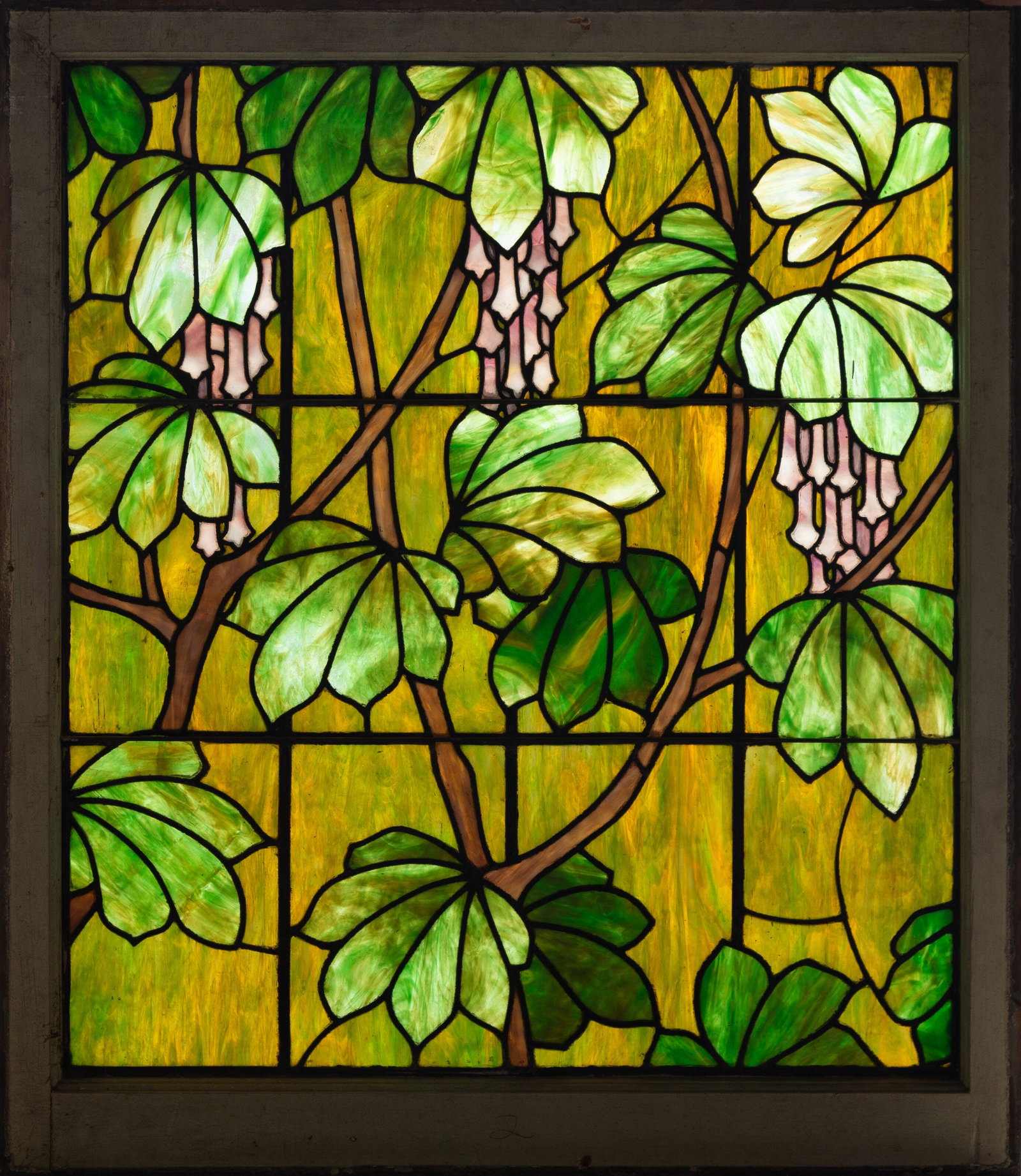Leaded Glass Wisteria Windows Suite: Leaded Glass Wisteria Windows Suite Early 20th century, leaded glass, wood. (1) 81 x 34 in., (2) 81 x 11 in., (1) 39 x 34 in, and (3) 18 x 11 in. Shipping Note: We provide our own in-house shipping se