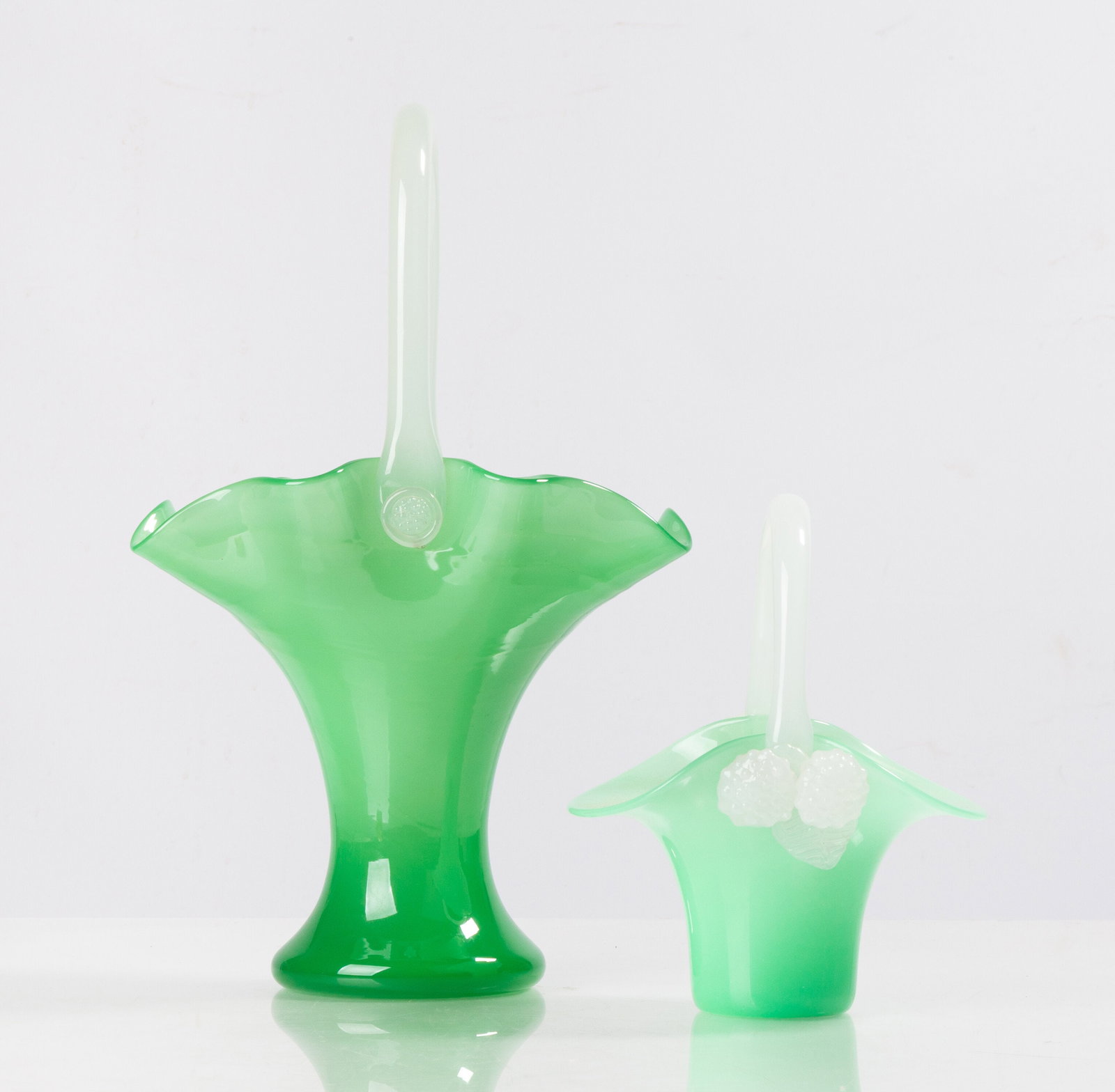 Steuben Green Jade & Alabaster Baskets: Steuben Green Jade & Alabaster Baskets Corning, New York, early 20th century. Blown glass. Green jade and alabaster. Shape 455. Max Ht. 13 in. Shipping Note: We provide our own in-house shipping servi